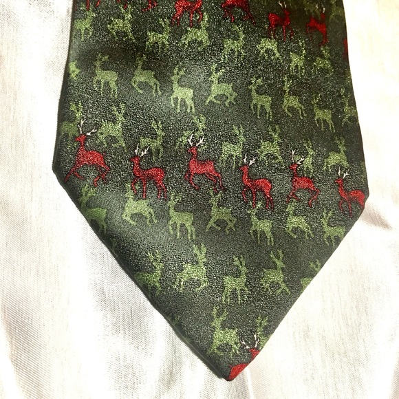 Christmas Classic Nature Concervitory Green Red Reindeer party NeckTie - Picture 2 of 3